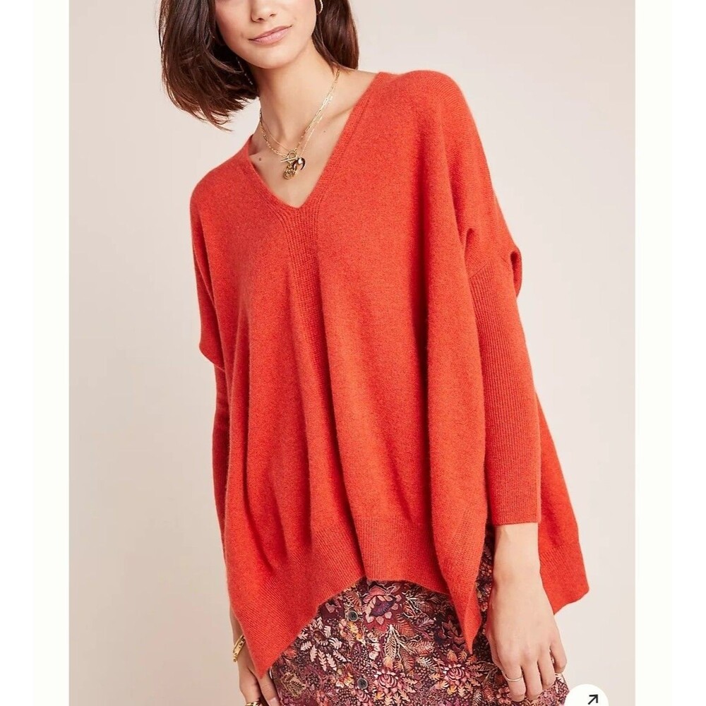 Pine Cashmere 100%  Cashmere V-Neck Poncho Sweater Orange Size S